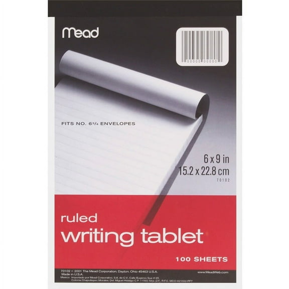 Mead Ruled Writing Tablet - 100 Sheets - Ruled - 20 lb Basis Weight - 6" x 9" - White Paper - 1 Each | Bundle of 5 Each