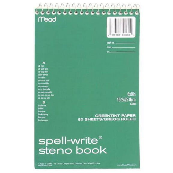 Mead Spell-Write Steno Book - 80 Sheets - Wire Bound - 6" x 9" - Green Paper - Cardboard Cover - 1 Each | Bundle of 10 Each