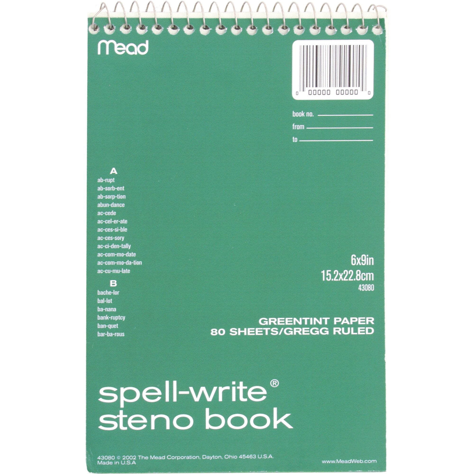 Spell-Write Steno Book, Gregg Rule, 6 x 9, Green, 80 Sheets Spell-Write Steno Book, Gregg Rule, 6 x 9, Green, 80 Sheets