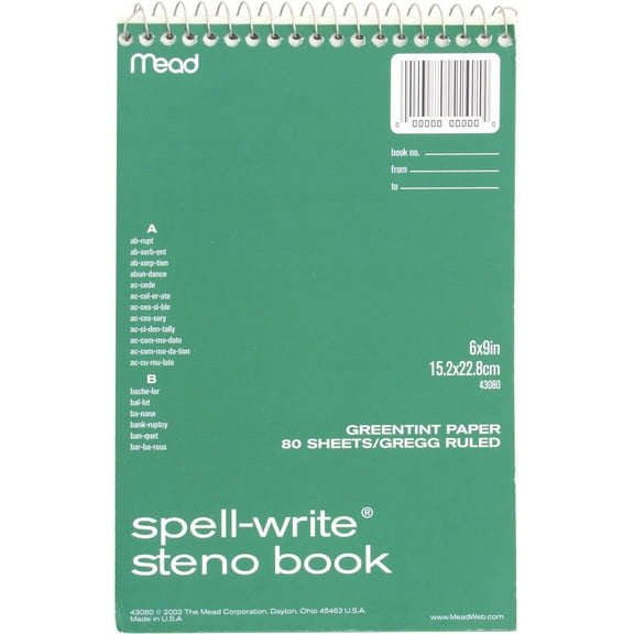 Mead Spell-Write Wirebound Steno Book 80 Sheets Green Paper 6 x 9 - Memo