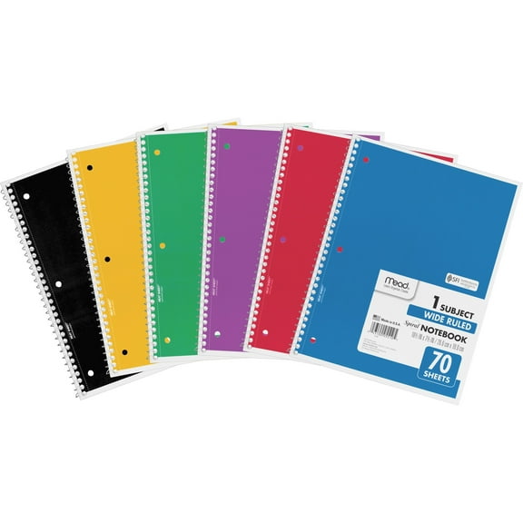 Mead Spiral Bound 1-subject Notebooks - 70 Sheets - Spiral - 8" x 10 1/2" - White Paper - Assorted Cover - Perforated, Hole-punched - 6 / Bundle | Bundle of 5