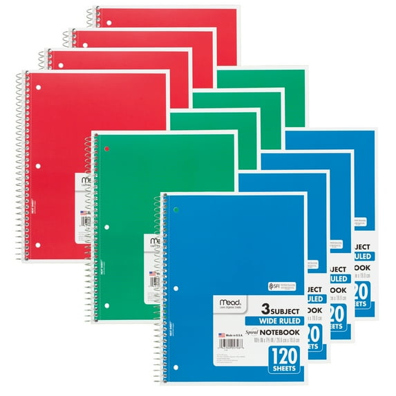 Mead® Spiral Bound Notebook, Wide Rule, 3 Subject, Assorted Colors, Pack of 12