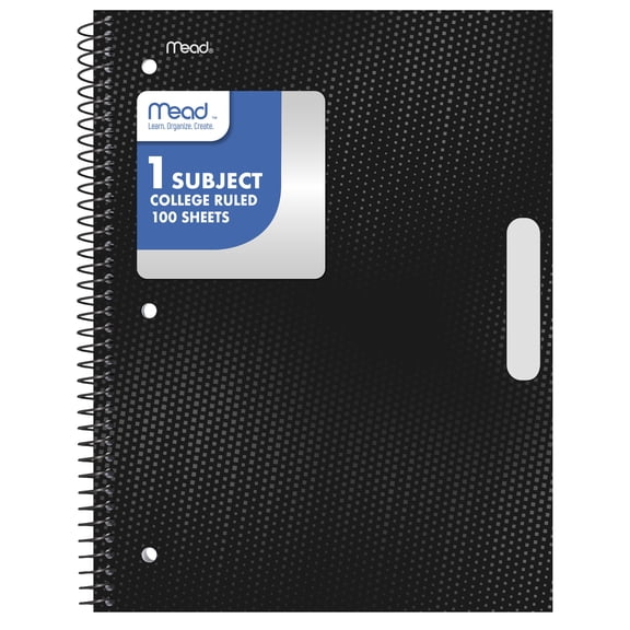 Mead 1 Subject College Ruled Notebook, 8.5" x 11", Black, Poly, Spiral, 100 Sheets