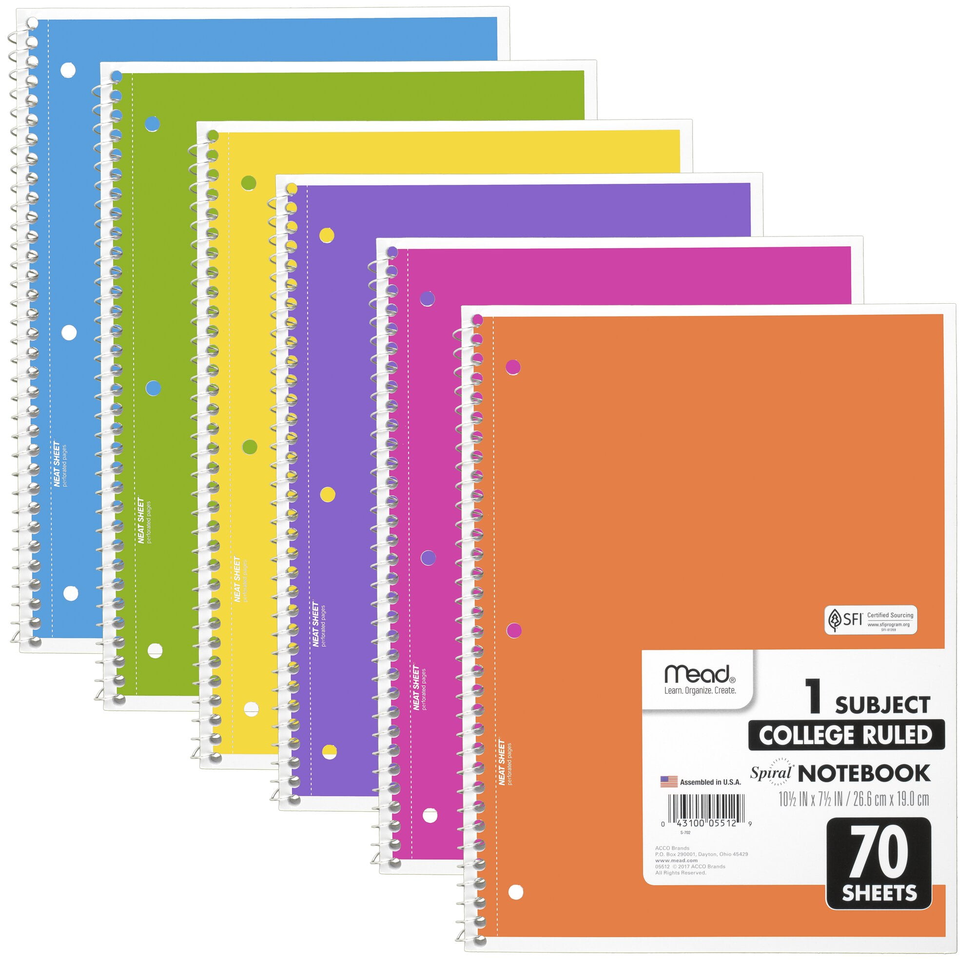 Mead Spiral Notebook 1 Subject College Ruled 8 x 10 12 6 Pack Bright Colors -