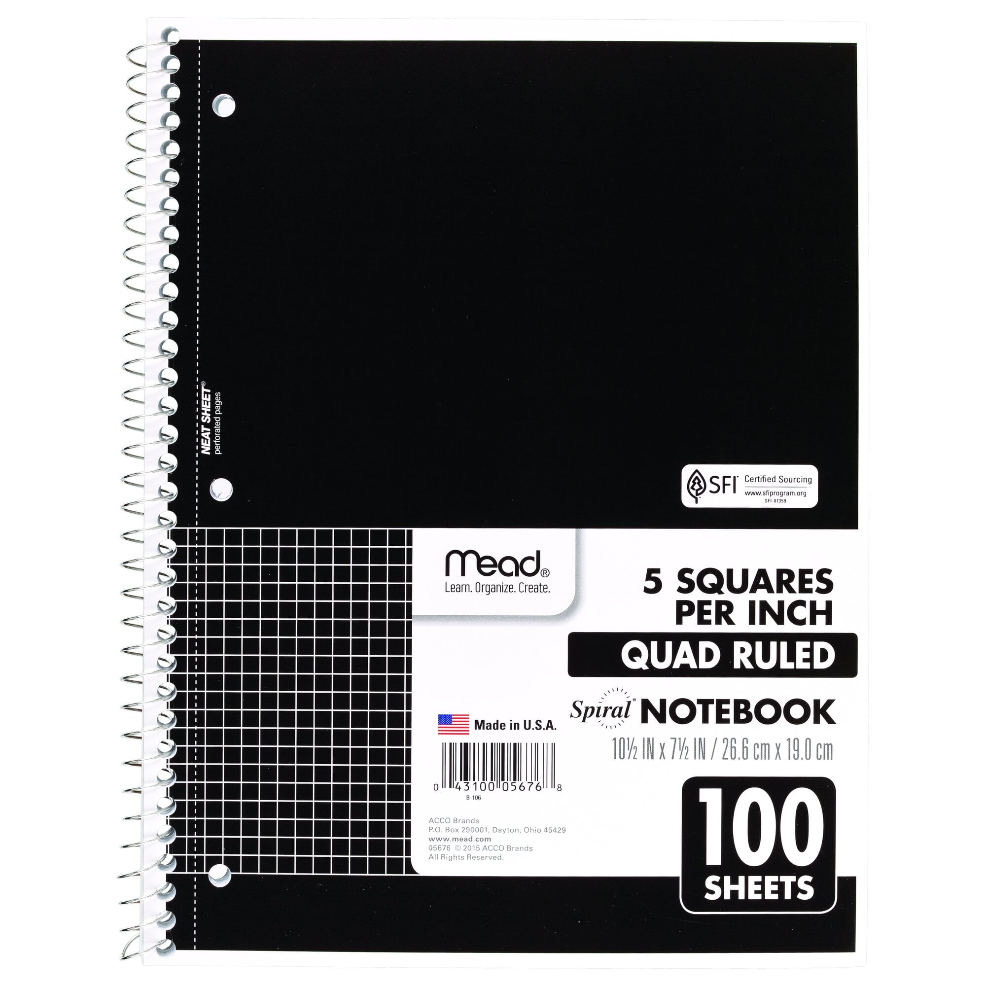 Mead Spiral Notebook, 1 Subject, Graph Ruled, 10.5" x 7.5", 100 Sheets, Black