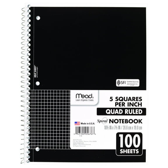 Mead Spiral Notebook, 1 Subject, Graph Ruled, 10.5" x 7.5", 100 Sheets, Black
