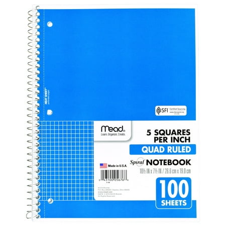 Mead Spiral Notebook 1 Subject Graph Ruled 100 Sheets 7 12 x 10 12 Blue - Graph