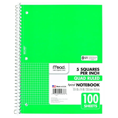 Mead Spiral Notebook, 1 Subject, Graph Ruled, 10.5" x 7.5", 100 Sheets, Green