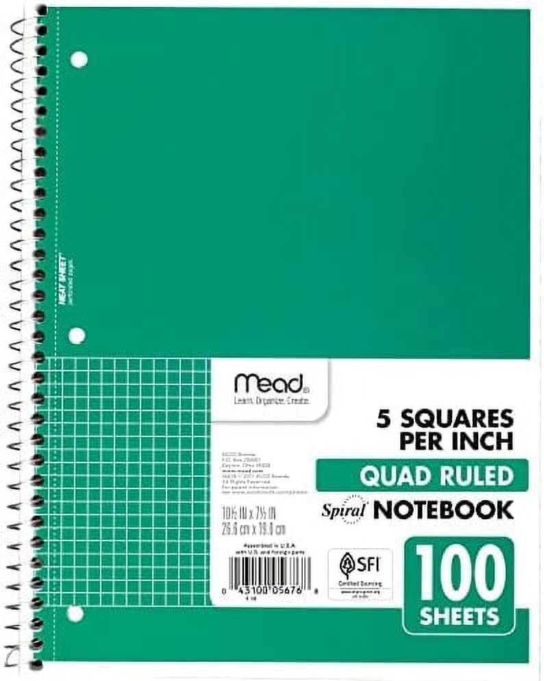 Mead Spiral Notebook, 1Subject, Graph Ruled Paper, 101/2" x 8", 100