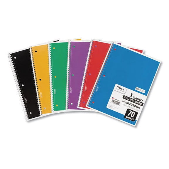 Mead Spiral Notebook, 1 Subject, Medium-College Rule, Assorted Color Covers, 10.5 X 8, 70 Sheets, 6-Pack