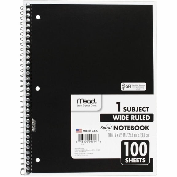 Mead Spiral Notebook, 1 Subject, Wide Ruled, 100 Sheets, Assorted (05514)
