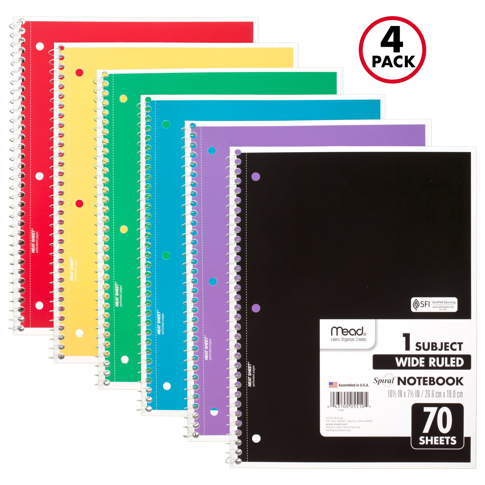 Mead Spiral Notebook 1 Subject Wide Ruled 70 Sheets 10 12 x 7 12 4 Pack Color