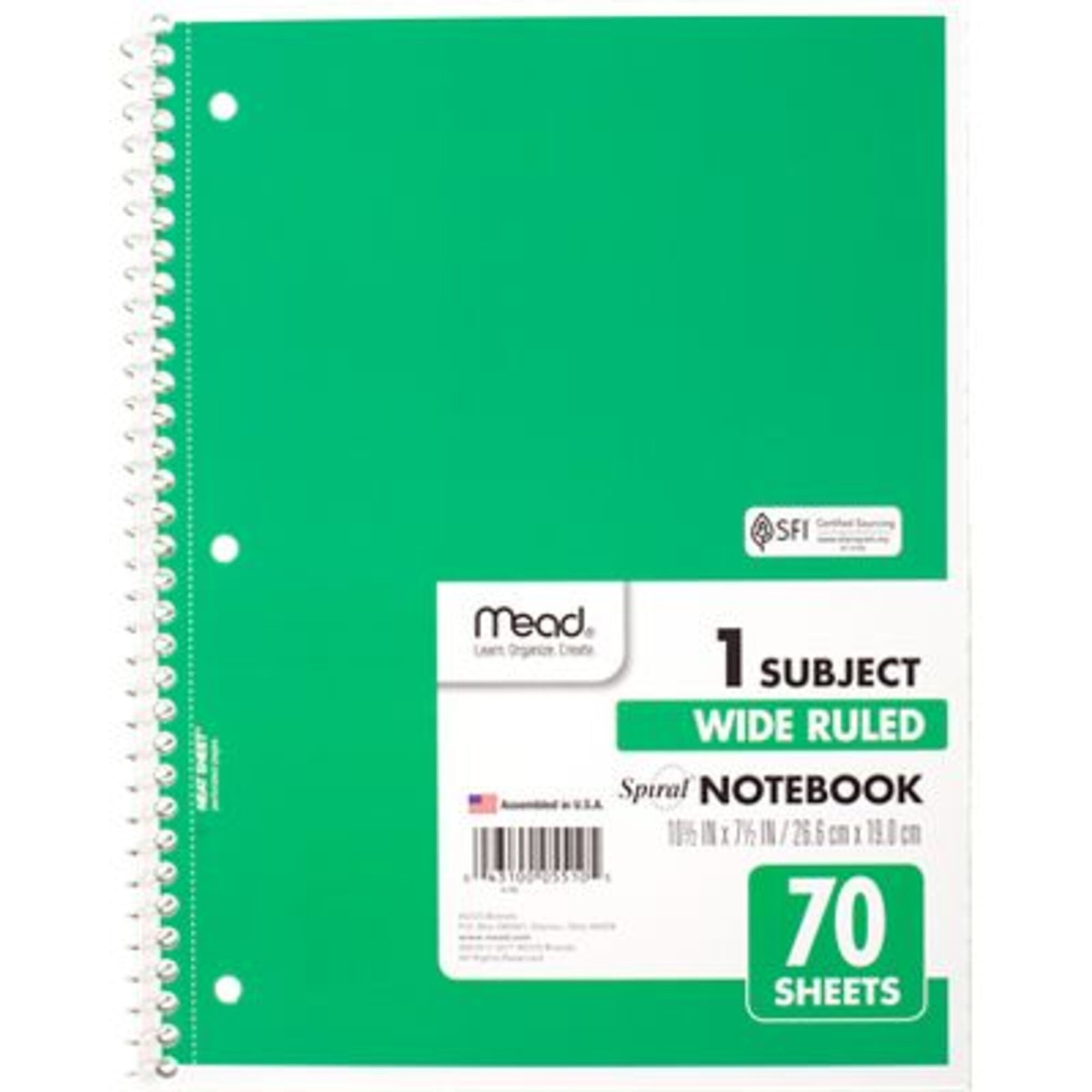 Mead Spiral Notebook 1 Subject Wide Ruled 70 Sheets 10 12 x 7 12 Green - Wide
