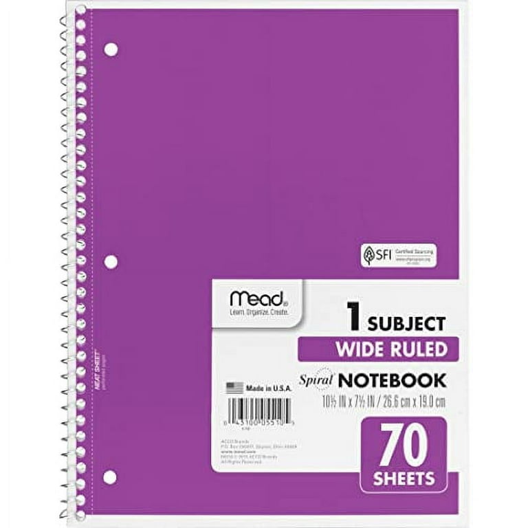 Mead Spiral Notebook, 4 Pack, 1-Subject, Wide Ruled Paper, 7-1/2 x  10-1/2, 70 Sheets per Notebook, Colors Will Vary (72873)