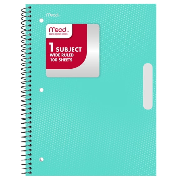 Mead 1 Subject Wide Ruled Notebook, 8" x 10.5", Pastel Green, Poly, Spiral, 100 Sheets