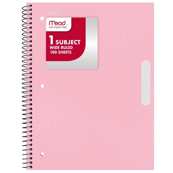 Mead 1 Subject Wide Ruled Spiral Notebook, 8 x 10.5 Inches, Pastel Pink, Poly Cover, 100 Sheets