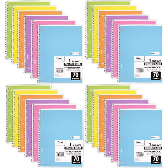 Mead Spiral Notebook, 24 bulk Pack 1-Subject College Ruled, Pastel Color