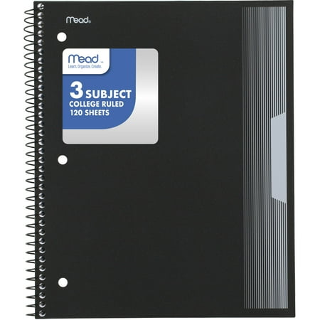 Mead 3 Subject College Ruled Notebook, 8.5" x 11", Black, Poly, Spiral, 120 Sheets