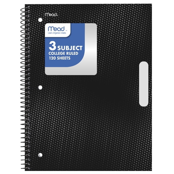 Mead 3 Subject College Ruled Notebook, 8.5" x 11", Black, Poly, Spiral, 120 Sheets