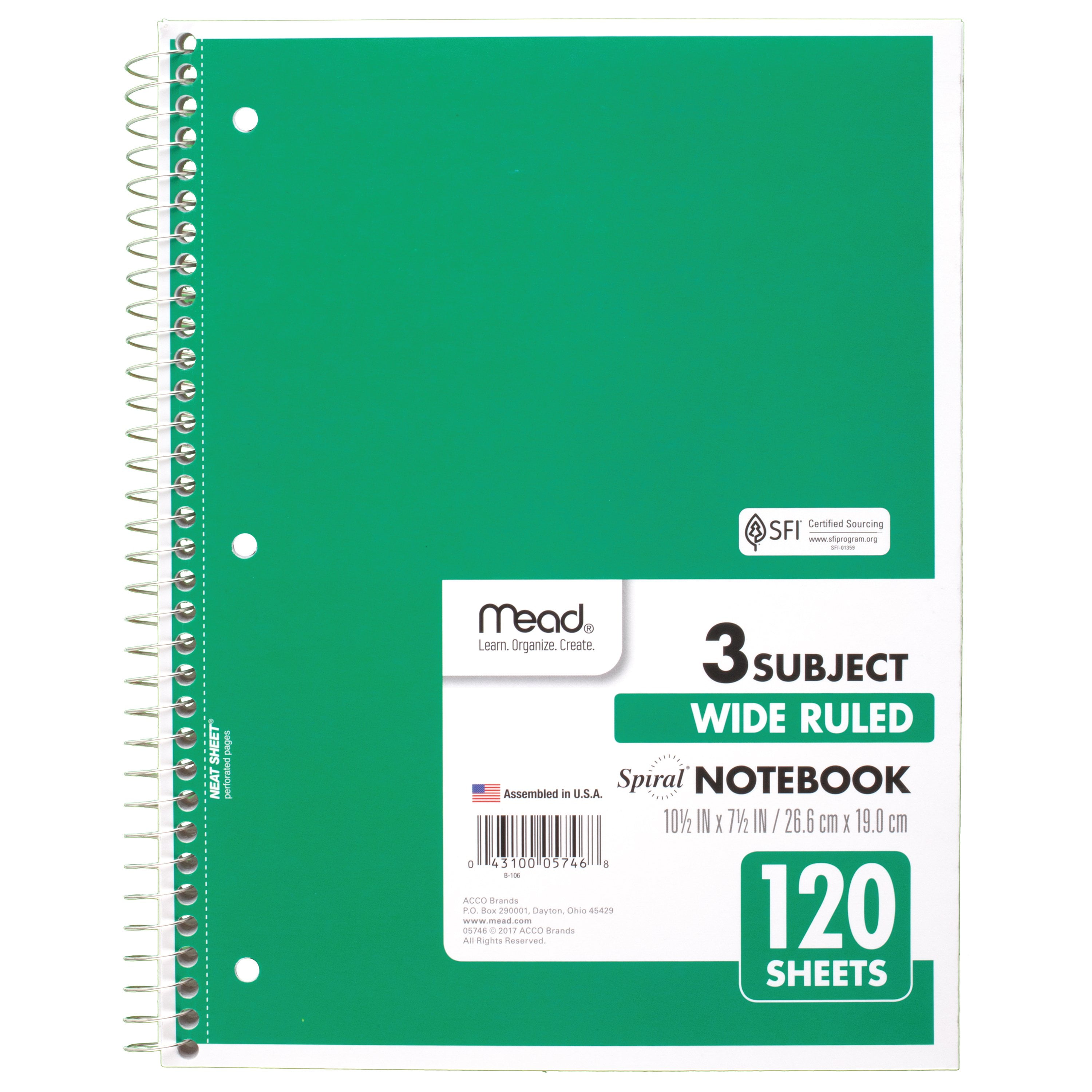 Mead Spiral Notebook, 3 Subject, College Ruled, Green (72221)