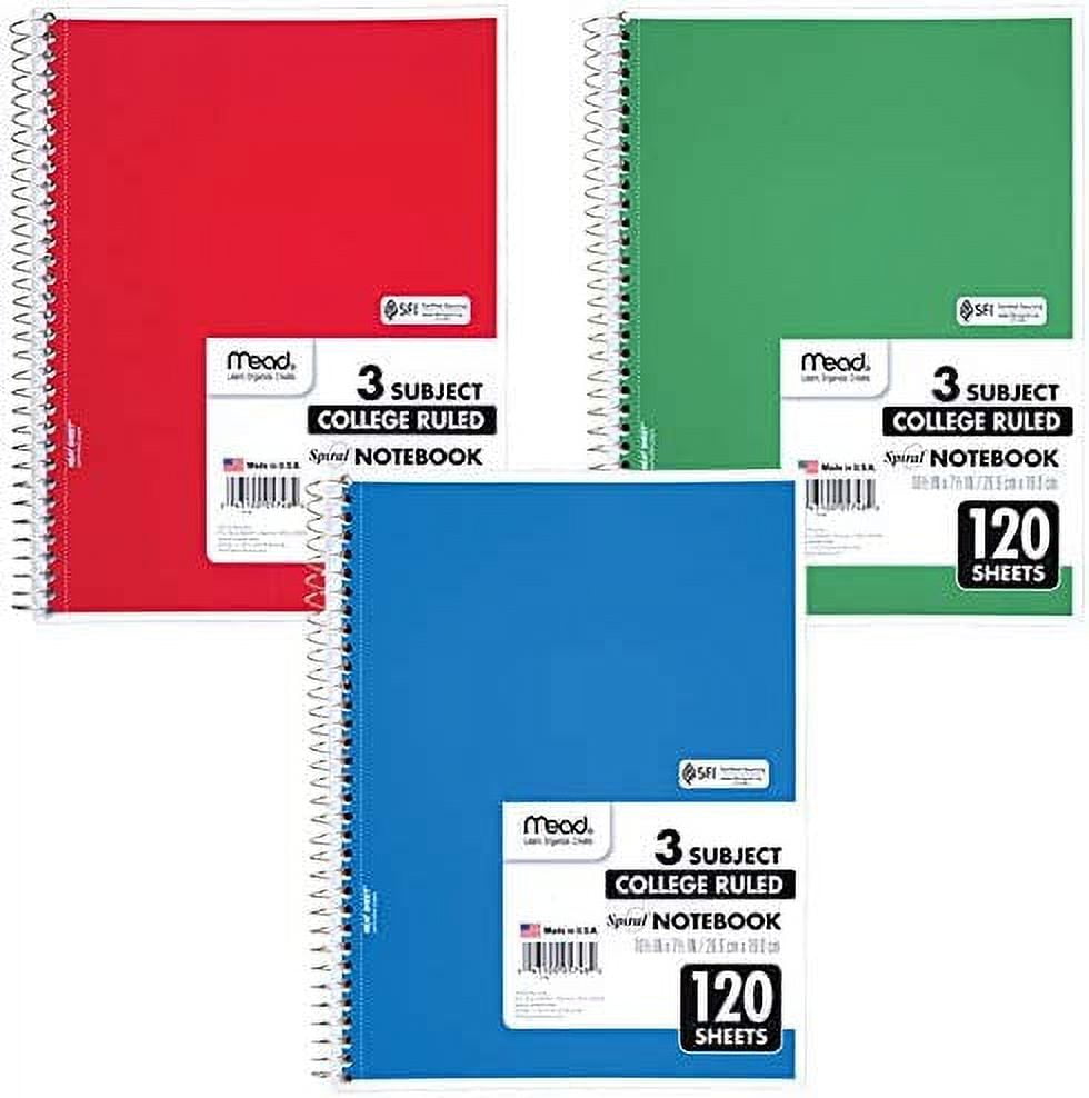 Mead Spiral Notebook, 3 Subject, College Ruled Paper(05748), 120 Sheets, 10-1/2" x 8", Assorted Color - 1 Count
