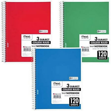 Mead Spiral Notebook, 3 Subject, College Ruled Paper(05748), 120 Sheets, 10-1/2" x 8", Assorted Color - 1 Count