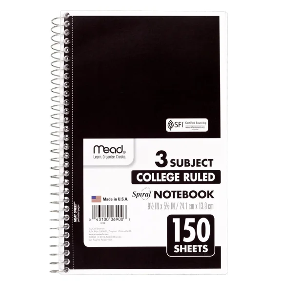 Mead Spiral Notebook, 3 Subject, College Ruled Paper, 150 Sheets, 9-1/2 X 5-1/2