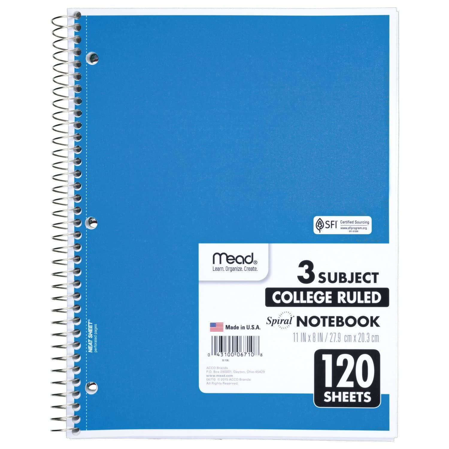 Mead Spiral Notebook, 3-Subject, College Ruled Paper, 8" x 11", 120 Sheets per Notebook, Color Will Vary, 1 Count (06710)