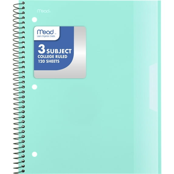 Mead 3 Subject College Ruled Notebook, 8.5" x 11", Pastel Green, Poly, Spiral, 120 Sheets