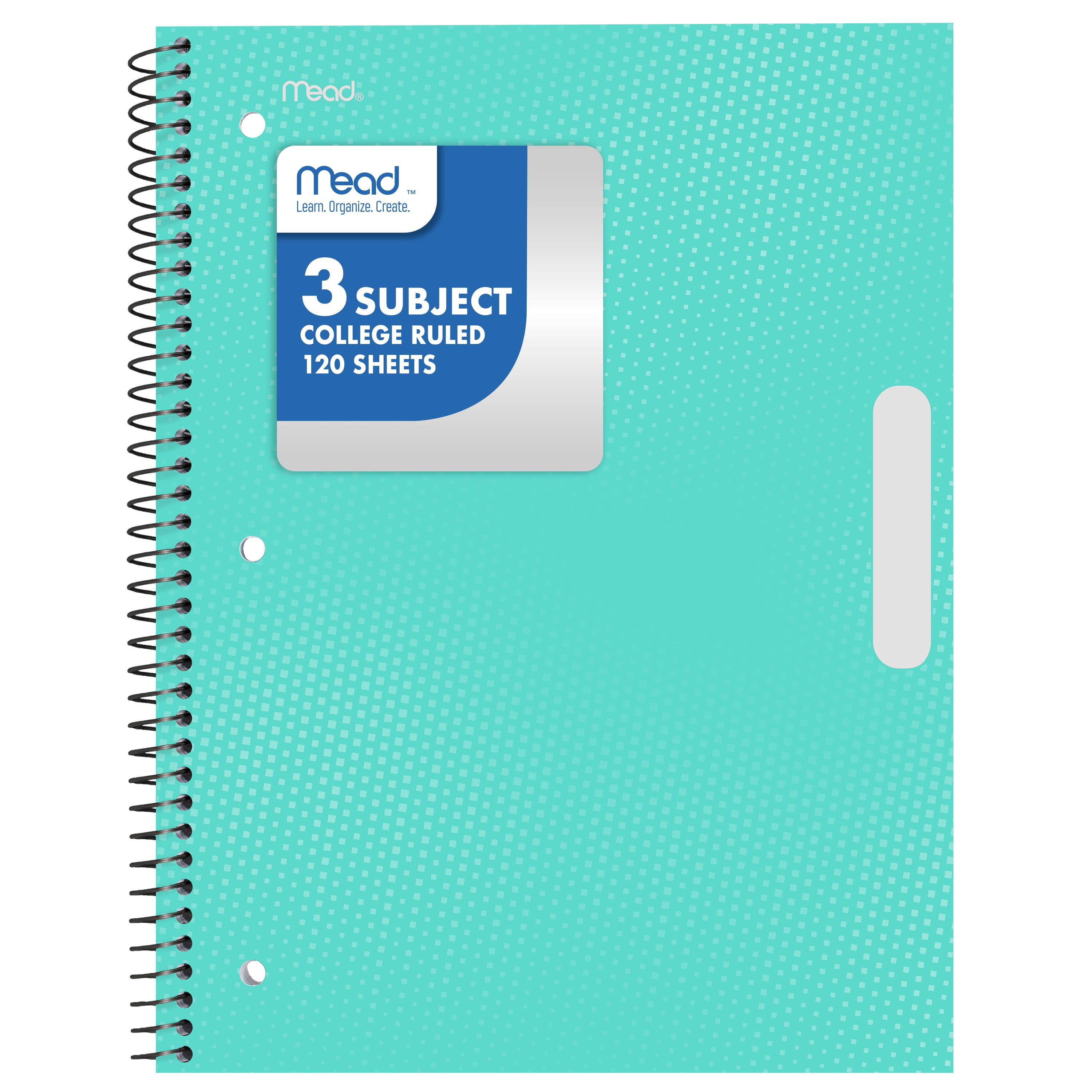 Mead 3 Subject College Ruled Notebook, 8.5" x 11", Pastel Green, Poly, Spiral, 120 Sheets