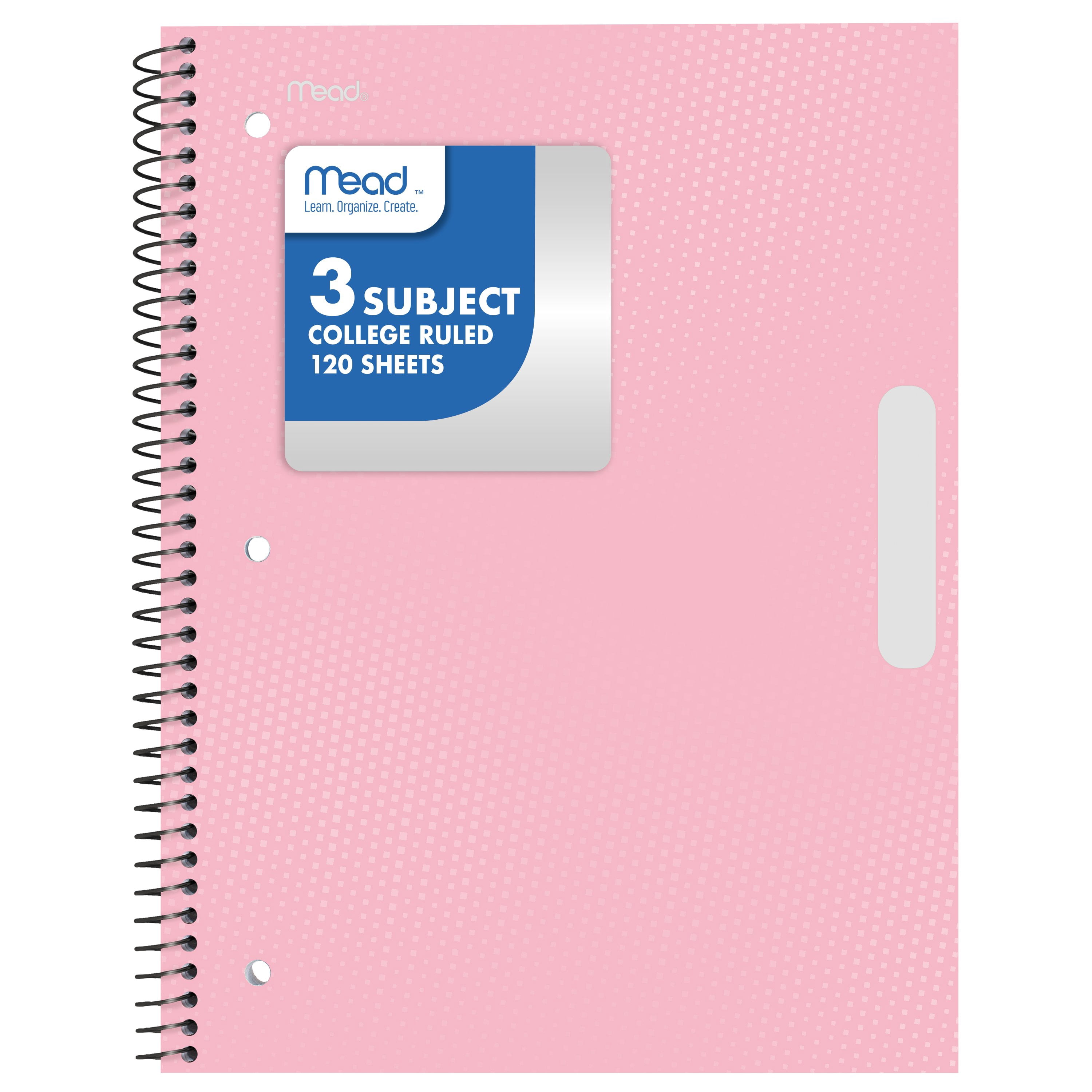 Mead 3 Subject College Ruled Notebook, 8.5" x 11", Pastel Pink, Poly, Spiral, 120 Sheets