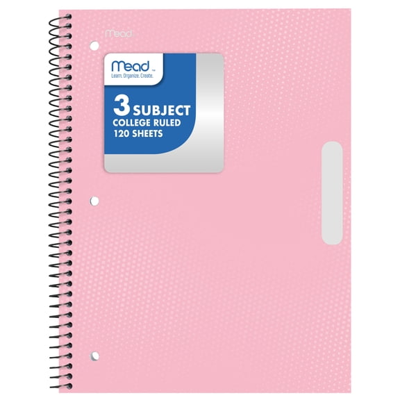 Mead 3 Subject College Ruled Notebook, 8.5" x 11", Pastel Pink, Poly, Spiral, 120 Sheets
