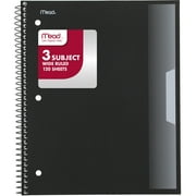 Mead 3 Subject Wide Ruled Notebook, 8" x 10.5", Black, Poly, Spiral, 120 Sheets