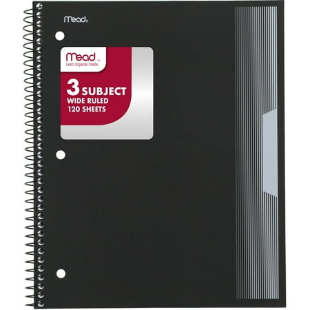 Mead 3 Subject Wide Ruled Notebook, 8" x 10.5", Black, Poly, Spiral, 120 Sheets