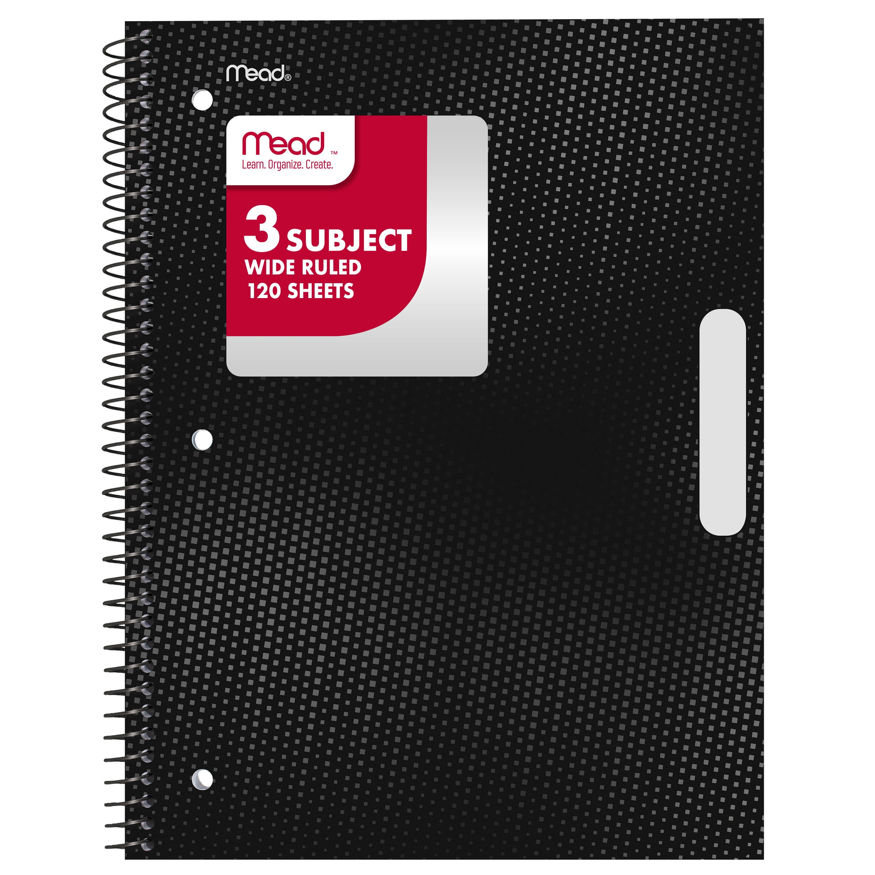 Mead 3 Subject Wide Ruled Notebook, 8" x 10.5", Black, Poly, Spiral, 120 Sheets