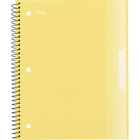 Mead Spiral Notebook, 3 Subject, Wide Ruled, Plastic Cover, 8" x 10.5", Pastel Yellow