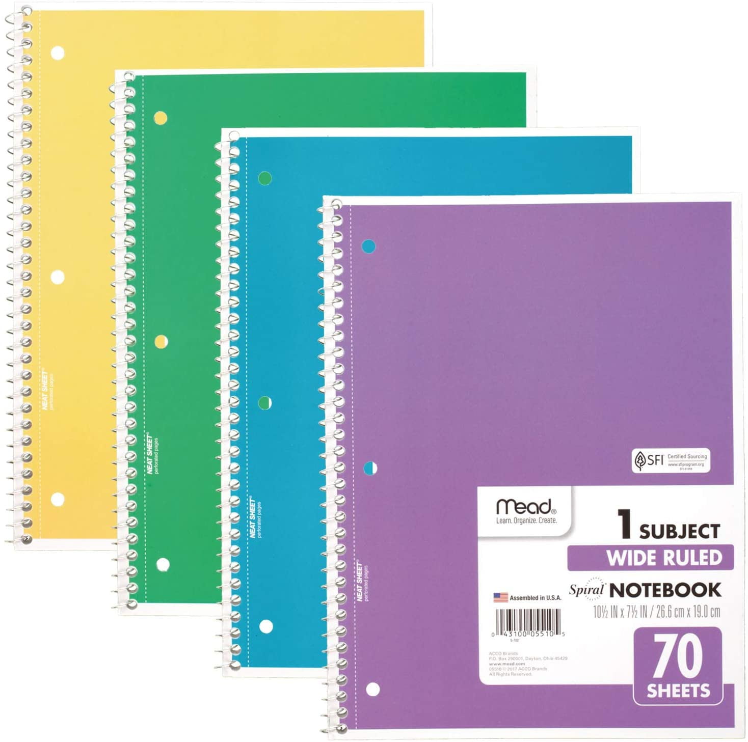 Mead Spiral Notebook, 4 Pack, 1Subject, Wide Ruled Paper, 71/2" x 10