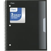 Mead 5 Subject College Ruled Notebook, 8.5" x 11", Black, Poly, Spiral, 160 Sheets