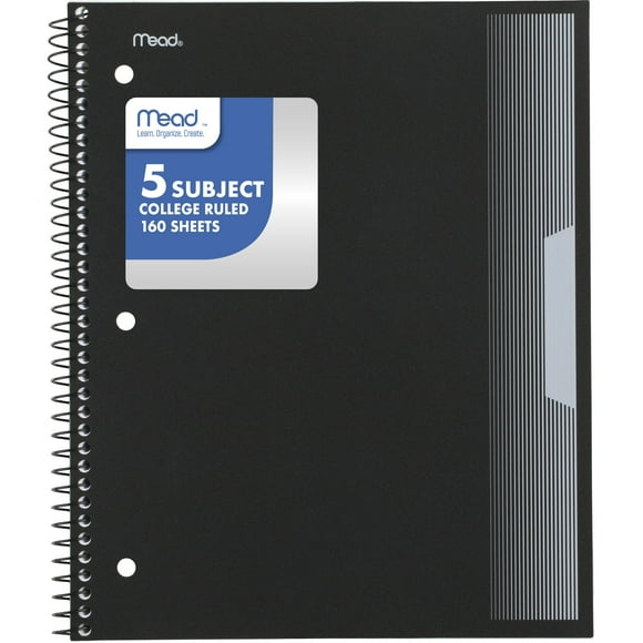 Mead Spiral Notebook, 5 Subject, College Ruled, 8 1/2" x 11", Black (820206FE-WMT)