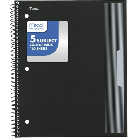 Mead 5 Subject College Ruled Notebook 85 x 11 Black Poly Spiral 160 Sheets - Hot