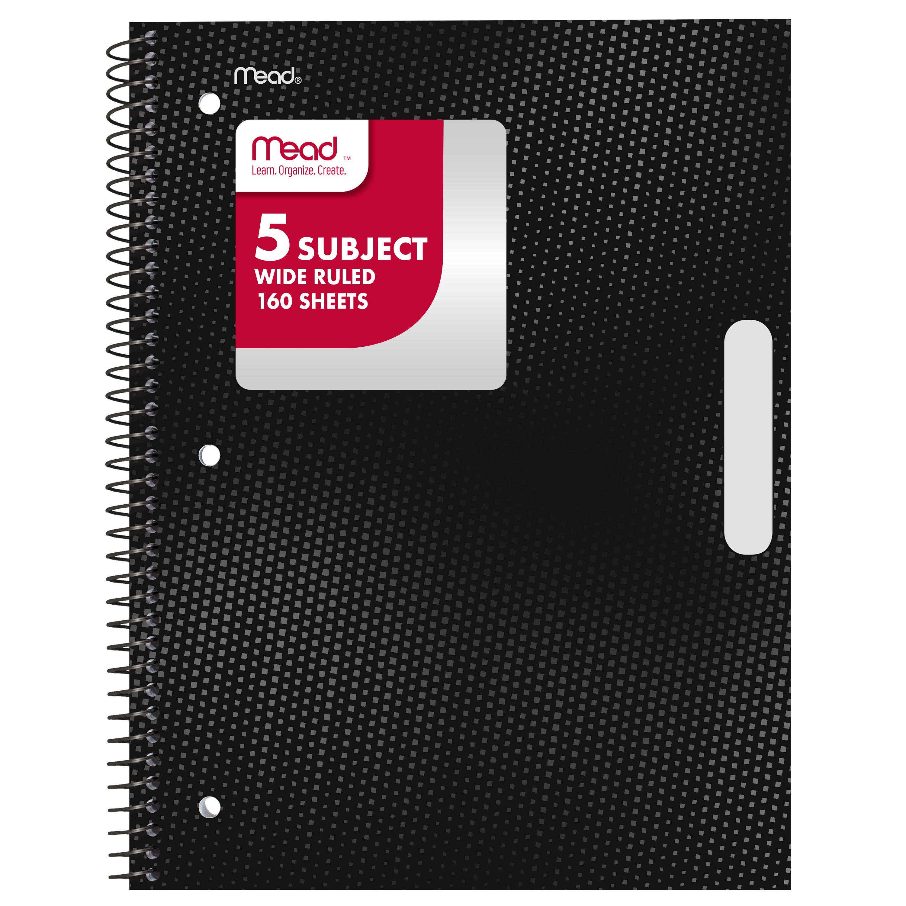 Mead 5 Subject Wide Ruled Notebook, 8" x 10.5", Black, Poly, Spiral, 160 Sheets