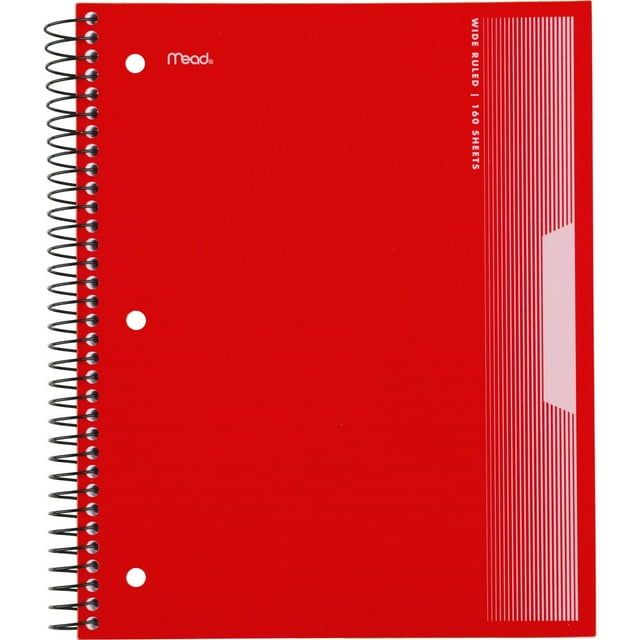 Mead Spiral Notebook, 5 Subject, Wide Ruled, 8 1/2" x 11", Red
