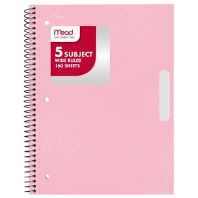 Mead 5 Subject Wide Ruled Notebook, 8" x 10.5", Pastel Pink, Poly, Spiral, 160 Sheets