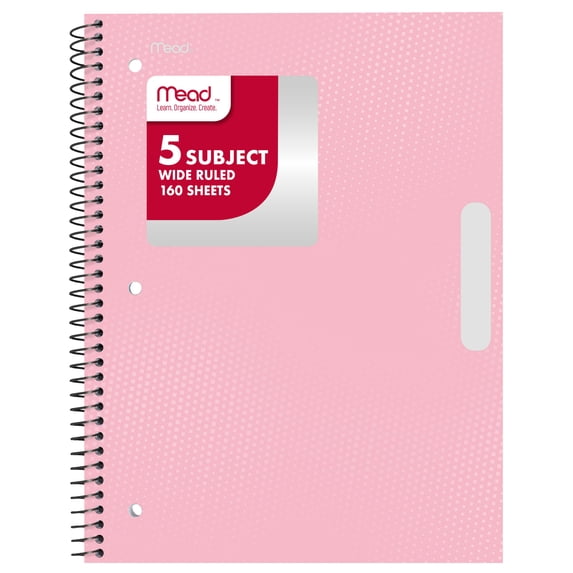 Mead 5 Subject Wide Ruled Notebook, 8" x 10.5", Pastel Pink, Poly, Spiral, 160 Sheets
