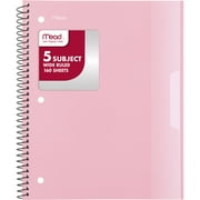 Mead 5 Subject Wide Ruled Notebook, 8" x 10.5", Pastel Pink, Poly, Spiral, 160 Sheets
