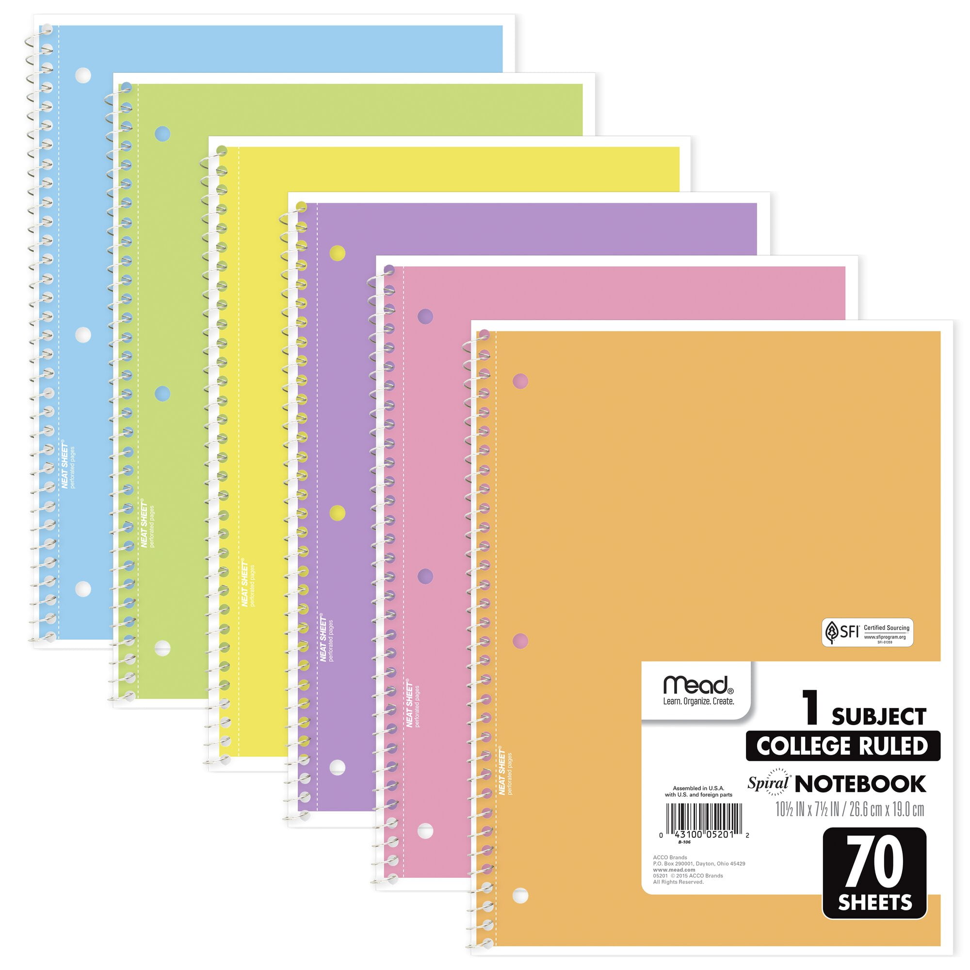 Mead Spiral Notebook, 1 Subject, College Ruled, 8" x 10.5", 6 Pack, Pastel Colors