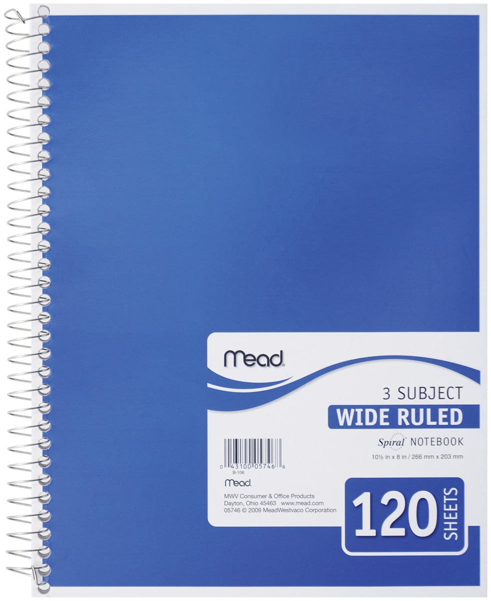 Mead Spiral Notebook, Wide Ruled, 3 Subject, 120 Sheets