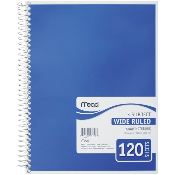 Mead Spiral Notebook, 3 Subject, Wide Ruled Paper, 7-1/2" x 10-1/2", 120 Sheets, Color Will Vary (930206-25)