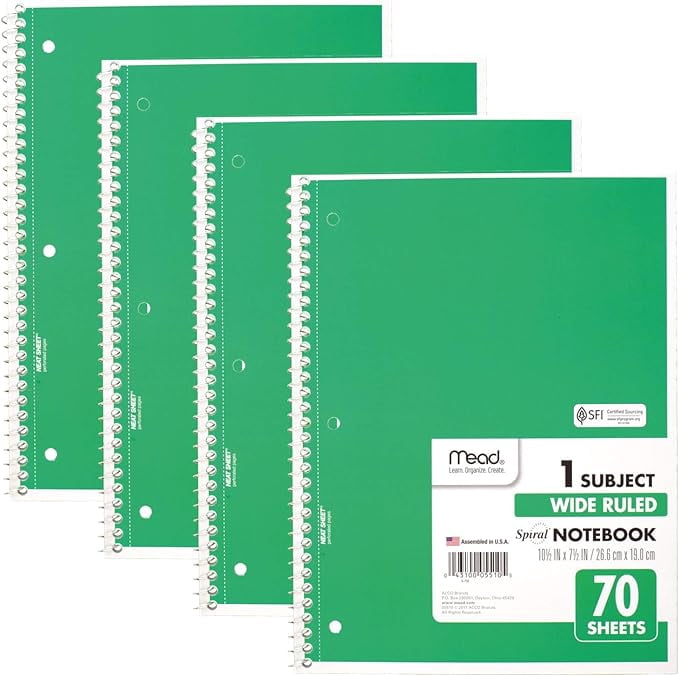 Mead Spiral Notebooks, 1 Subject, Wide Ruled Paper, 70 Sheets, 10-1/2 x ...