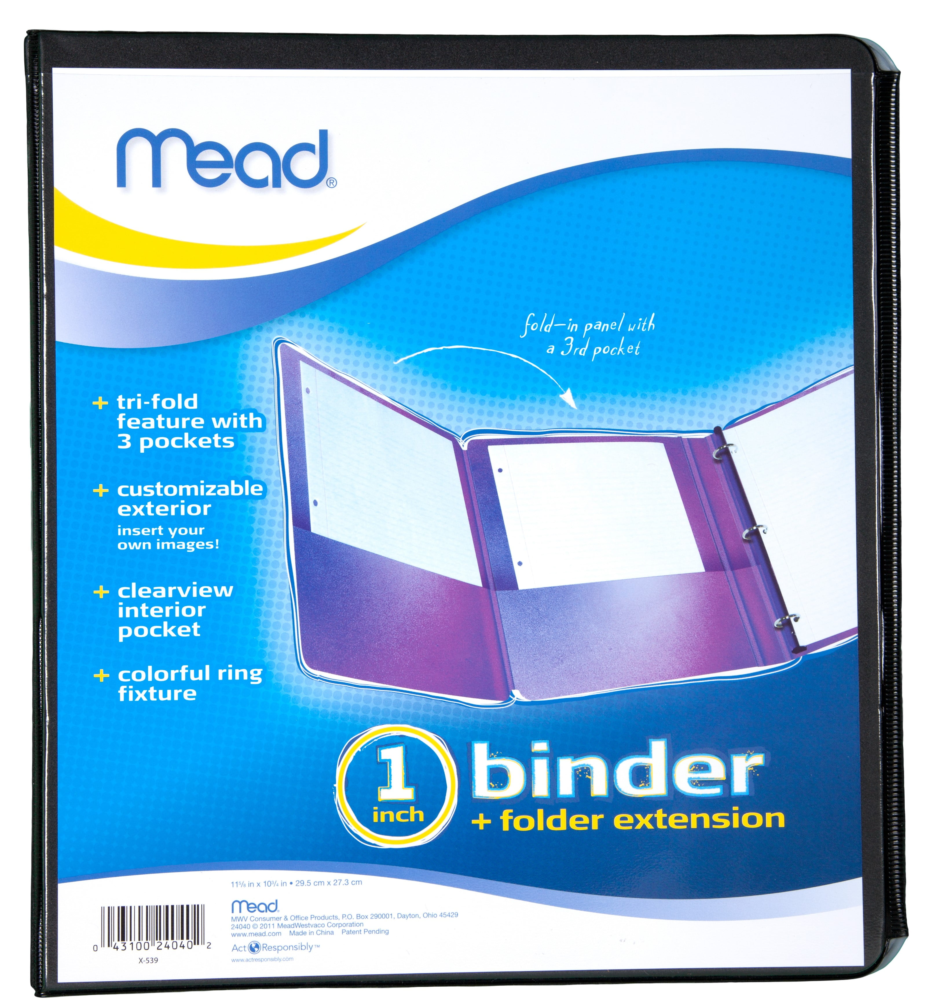 Mead TriFold Binder, 1", 200 Sheets, Black/Gray (72163)